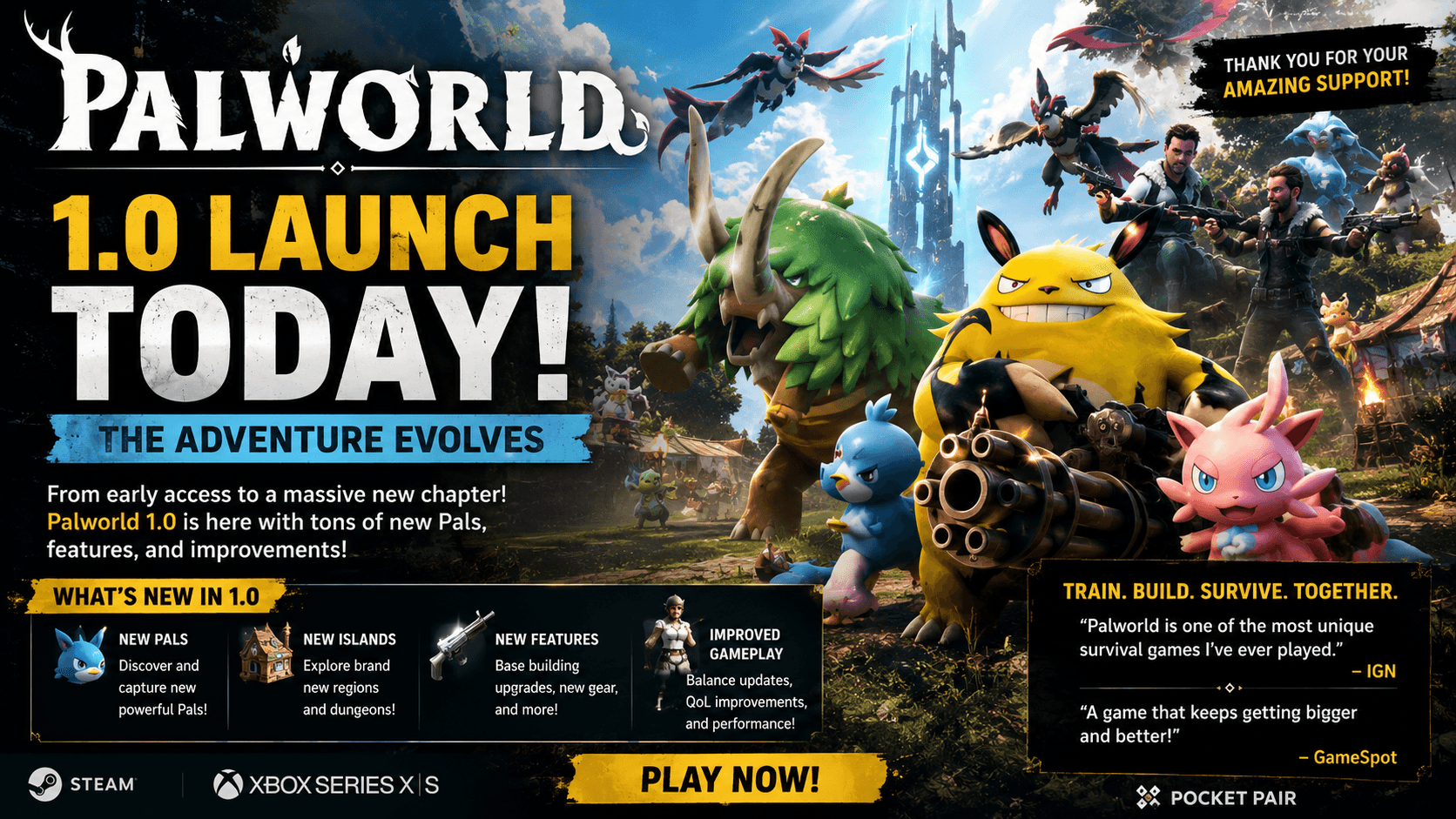 Palworld 1.0 Full Release Drops July 10 on Xbox Game Pass — New Locations, Characters and Content After 18 Months in Early Access