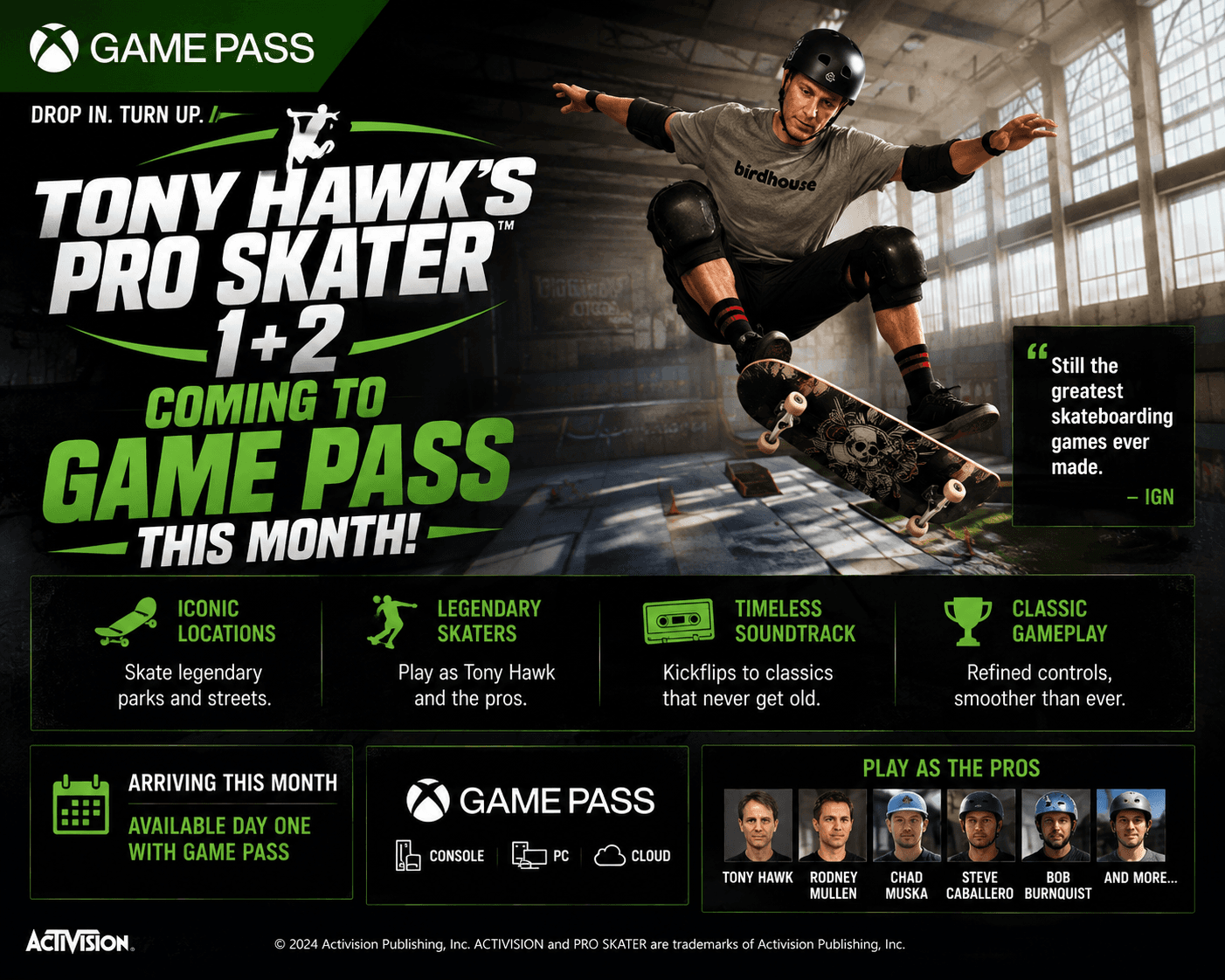 Tony Hawk Pro Skater 1+2 Is Coming to Game Pass This Month